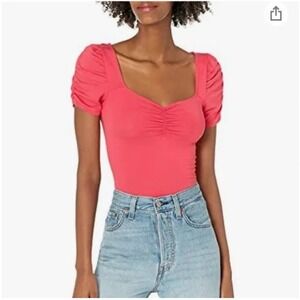 Jessica Simpson Bodysuit Women M Coral Pink Ruched Puff Sleeve Balletcore Spring